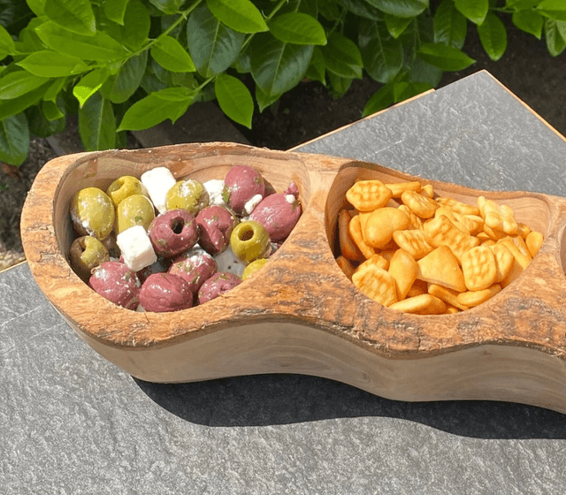 Rustic Olive Wood Long serving snack bowl 