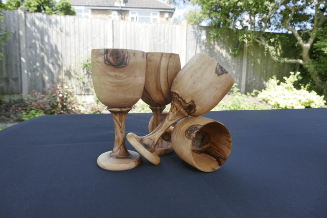 Olive Wood Wine Glass & Bottle Holder + Coaster Set